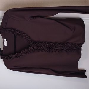 Sarah B studio long sleeve v neck ruffled large brown blouse